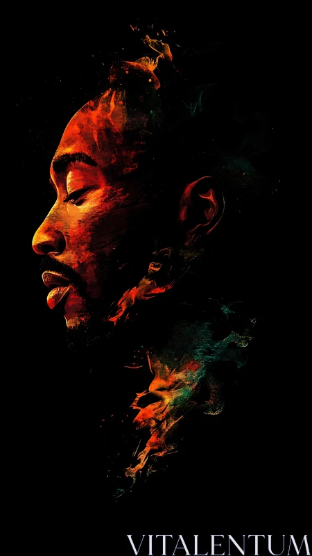 Side-profile portrait in fiery abstract dispersion on black