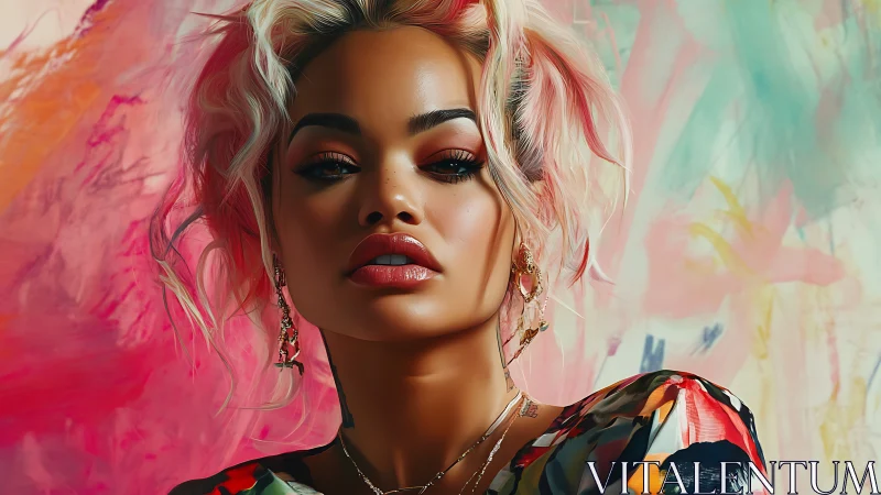 Digital portrait of glam female figure against abstract chromatic field