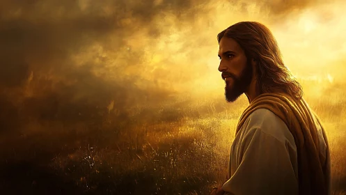 Bearded robed man in glowing golden sunset field scene