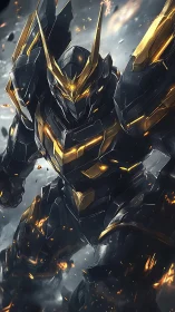 Black and gold armored mecha warrior in explosive battle