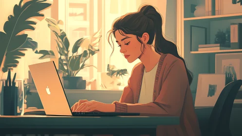 Woman using laptop at home desk in warm interior light.