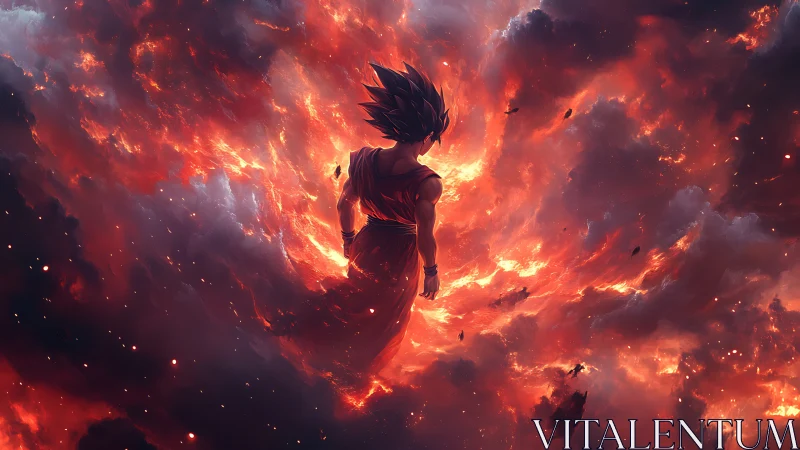 Celestial warrior silhouette emerges from eruptive nebular fire