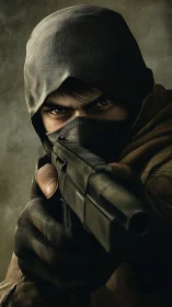 Hooded vigilante locking a cold steel gaze downrange.