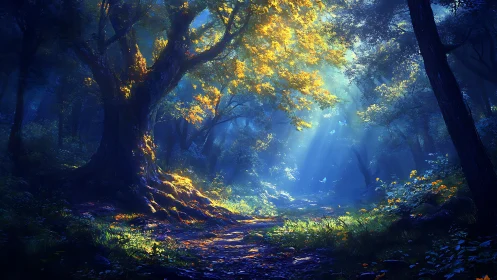 Enchanted Forest Path Glows With Golden Sunlight Through Ancient Trees
