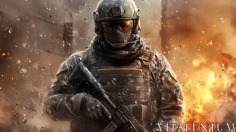 Digital painting of tactical soldier amid kinetic firestorm.
