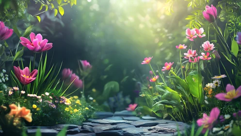 Sunlit floral pathway rendered with cinematic depth of field