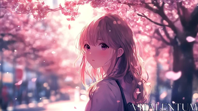 Anime girl under cherry blossoms on soft city street.