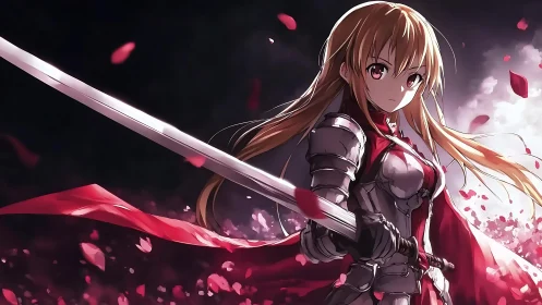 Crimson petals orbit a resolute anime knight in mid-swing