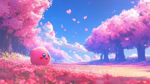 Pink sprite wanders through dreamy cherry blossom valley