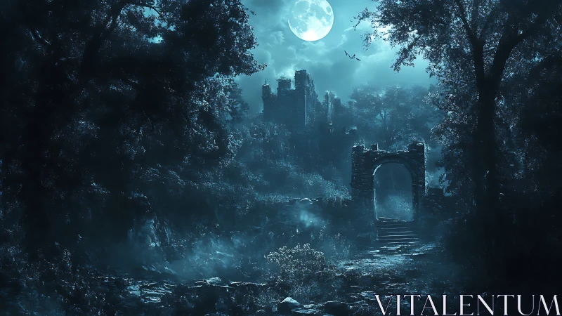 Moonlit ruins loom beyond a shadowed forest gateway.