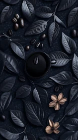 Dark cup of coffee amid stylized leaves and beans pattern.