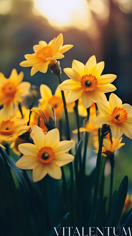 Golden daffodils bloom in morning sunlight with soft blurred background.