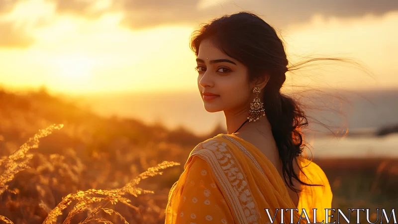 Elegant woman in yellow saree at sunset, cinematic portrait style.