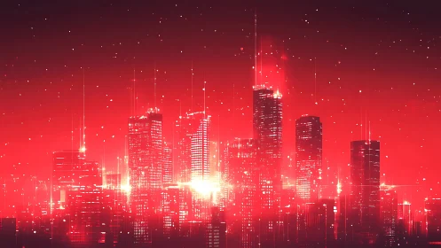 Neon red cyberpunk skyline shimmers under a digital night haze