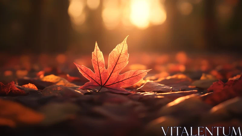 Sunlit maple leaf glows over blurred autumn forest floor.