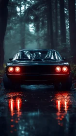Retro muscle car with red headlamps in wet misty forest corridor.
