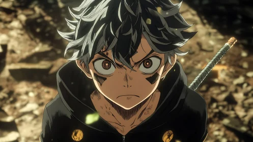 Determined anime swordsman in battle-worn rocky setting.