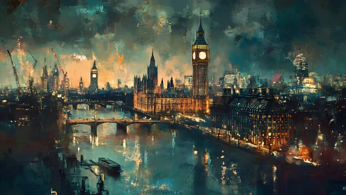 Nocturnal Thames panorama with luminant neo-impressionist London.