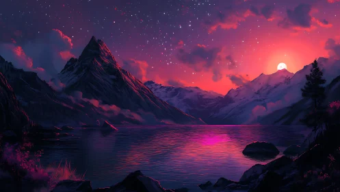 Vivid magenta sunset over snowy mountains and lake.