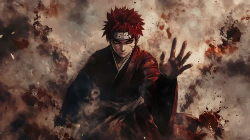 Red haired ninja extends right hand amid smoky explosion