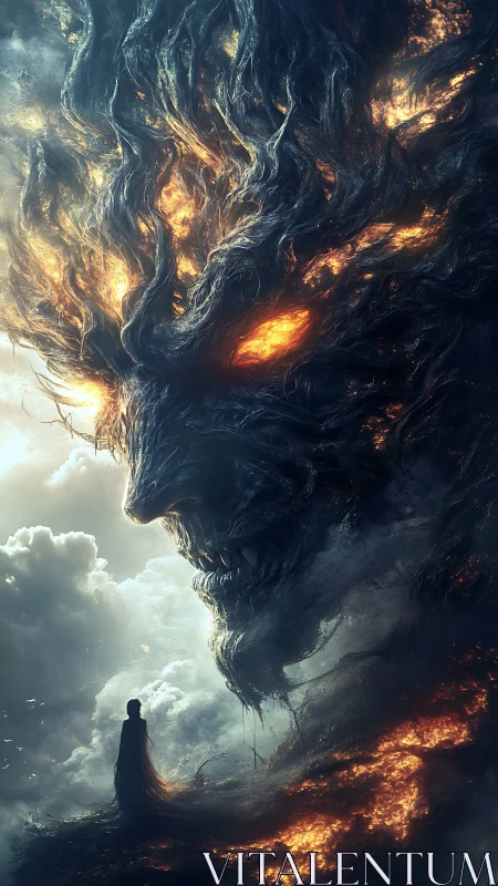 Colossal firestorm titan looms above lone cloaked figure.