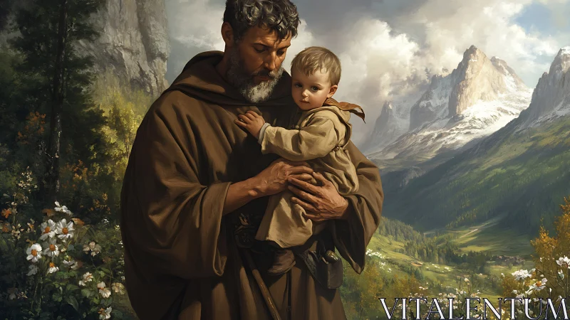 Monk cradling child in luminous alpine valley landscape.
