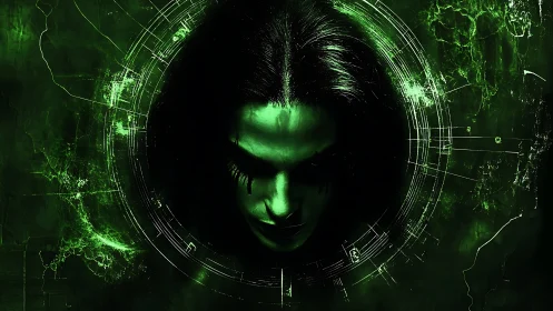 Cyber-occult visage within luminescent radial schematics.
