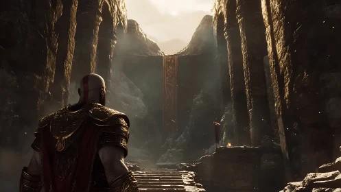 Armored warrior approaching massive stone canyon gate.