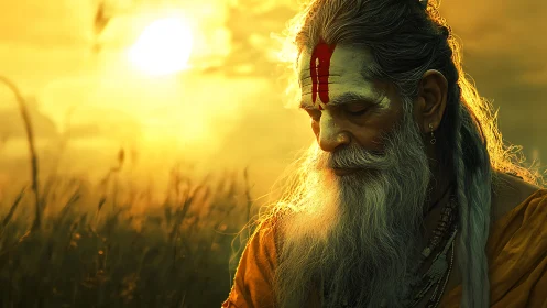 Golden hour portrait of ascetic elder in contemplative profile