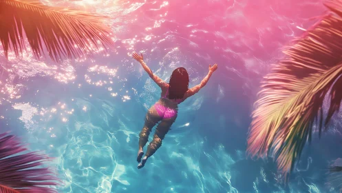 Sunlit swim beneath dreamy pink tropical skies.