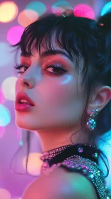 Neon lit portrait captures glossy makeup and jeweled glamour