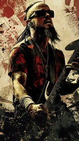 Riff-slinging rebel erupts in splattered rock energy.