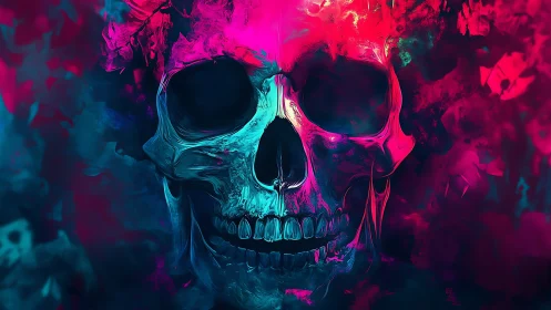 Skull rendered in neon cyan and magenta digital abstraction.