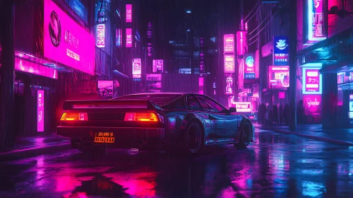 Cyberpunk street racer under neon-lit rainfall perspective.