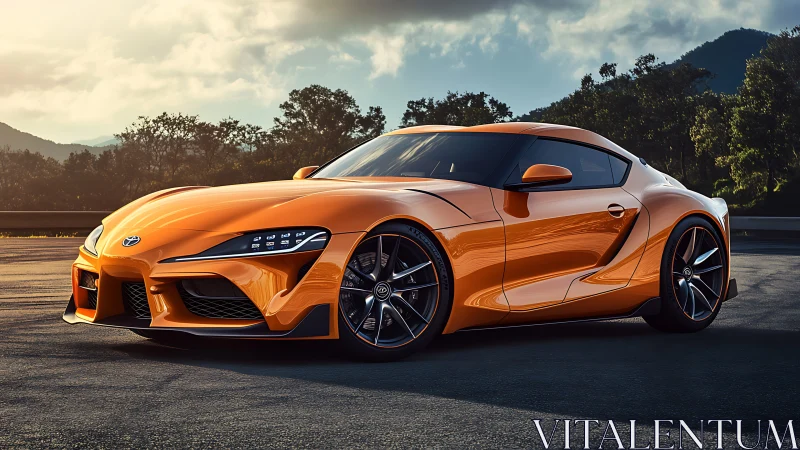 Thrilling orange sports coupe waits under a warm sunset sky