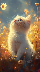 Dreamy kitten gazes upward in glowing golden meadow light