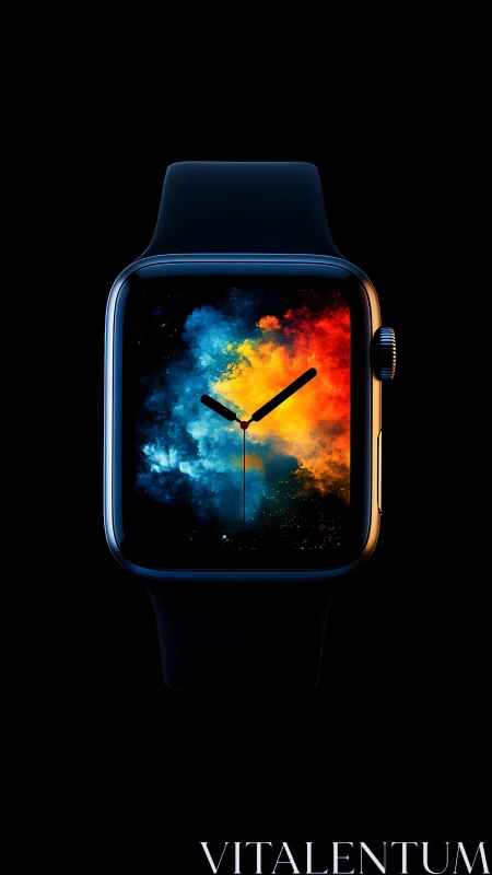 Nebula-clock wrist portal pulsing with cosmic color bursts.