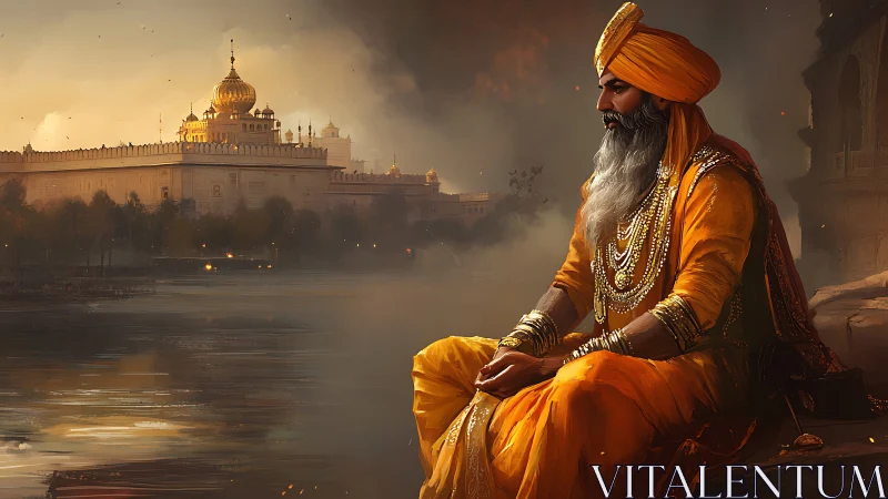 Golden-robed guardian in twilight by a sacred water palace.