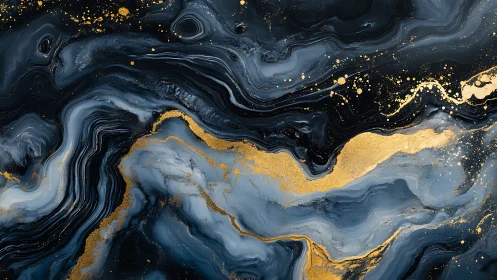 Gold and blue marbled fluid pattern flows across dark field