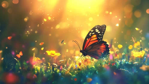 Sunlit monarch drifts through a glittering wildflower dream.