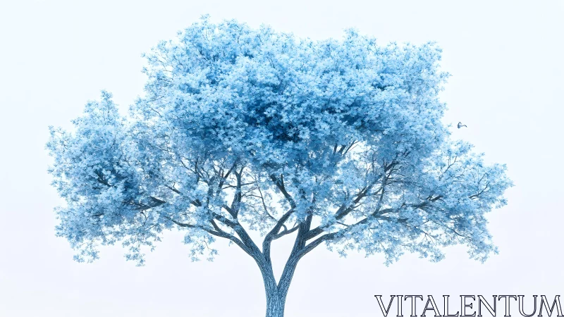Artistic blue tree on white background, minimalist nature scene.