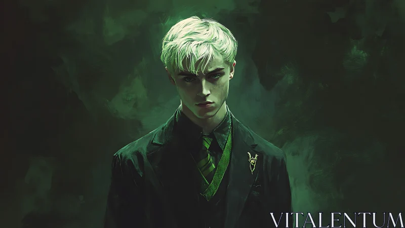 Moody green portrait of stern young man in stylized uniform