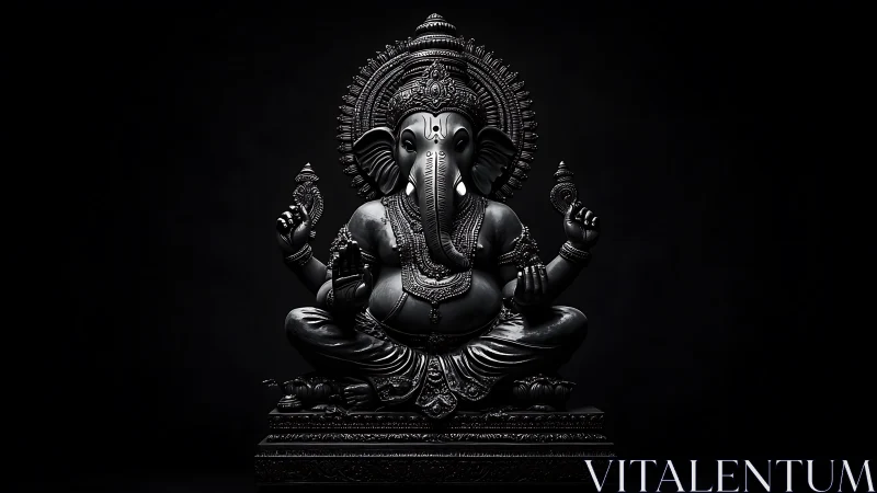 Ganesha sculpture glows in dramatic monochrome studio light.