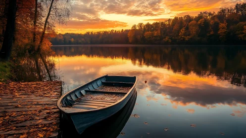 Lonely rowboat listening to autumn’s burning-lake sunset.