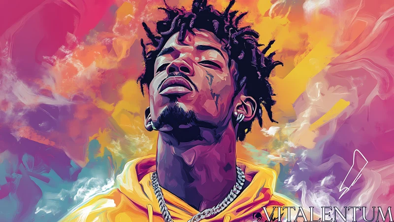 Vibrant digital portrait of relaxed man in neon haze.