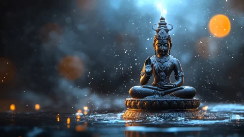 Divine metal deity statue in meditative pose amid bokeh light.