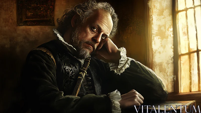 Melancholy courtier dreaming by a sun-streaked window.