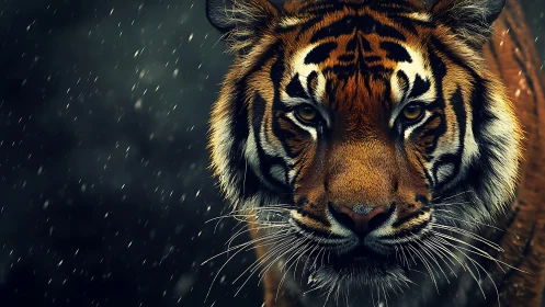 Staring tiger in rain with dramatic hyperreal detail.