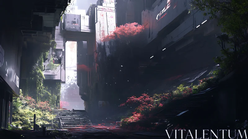 Overgrown cyberpunk alleyway glows with reclaimed neon flora