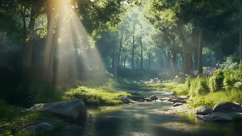 Sunlight Dances Through Ancient Forest Canopy Where Water Flows
